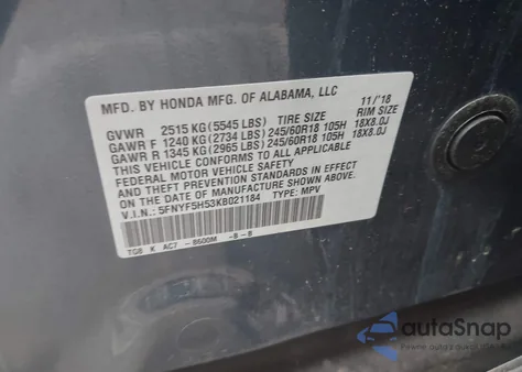 2019 Honda Pilot Ex-L from USA, damaged, VIN 5FNYF5H53KB021184